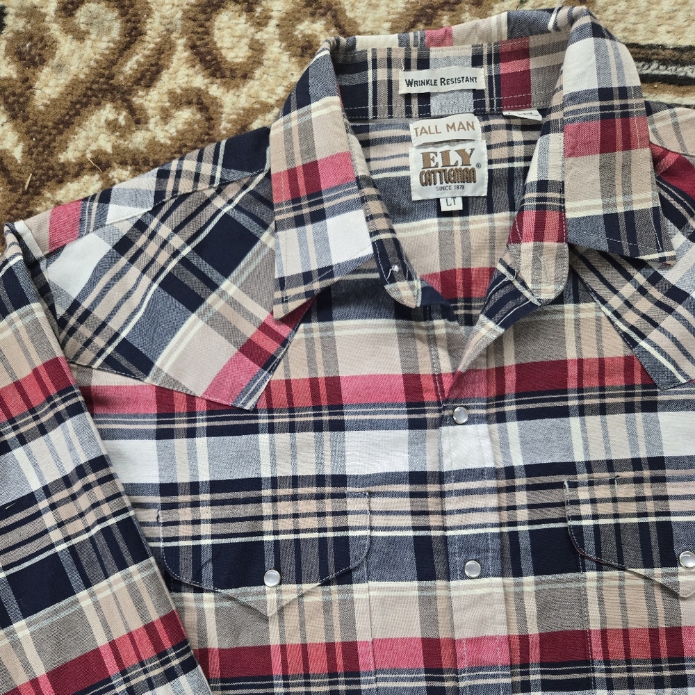 Western Plaid Ely Cattleman Western Snap Shirt Tall Man Red Blue Retro Cowboy